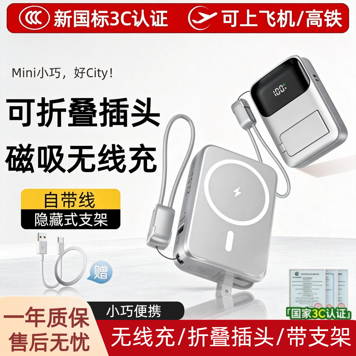 【3c认证】磁吸无线充电宝自带线插头移动电源数显带支架20000毫安可上飞机适用华为mate70/80/findx8/苹果