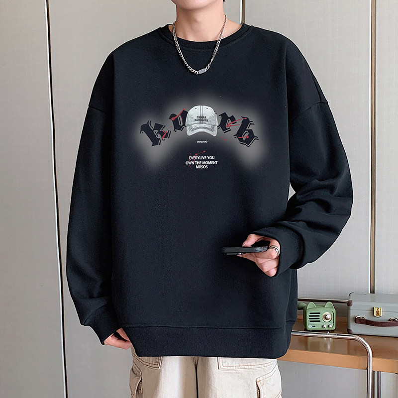 美式潮牌套头卫衣男款秋冬季加绒加厚长袖打底青少年重磅内搭衣服