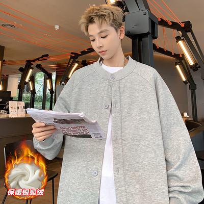 美式开衫立领卫衣男款秋冬季2025新款潮牌青少年加绒加厚港风外套