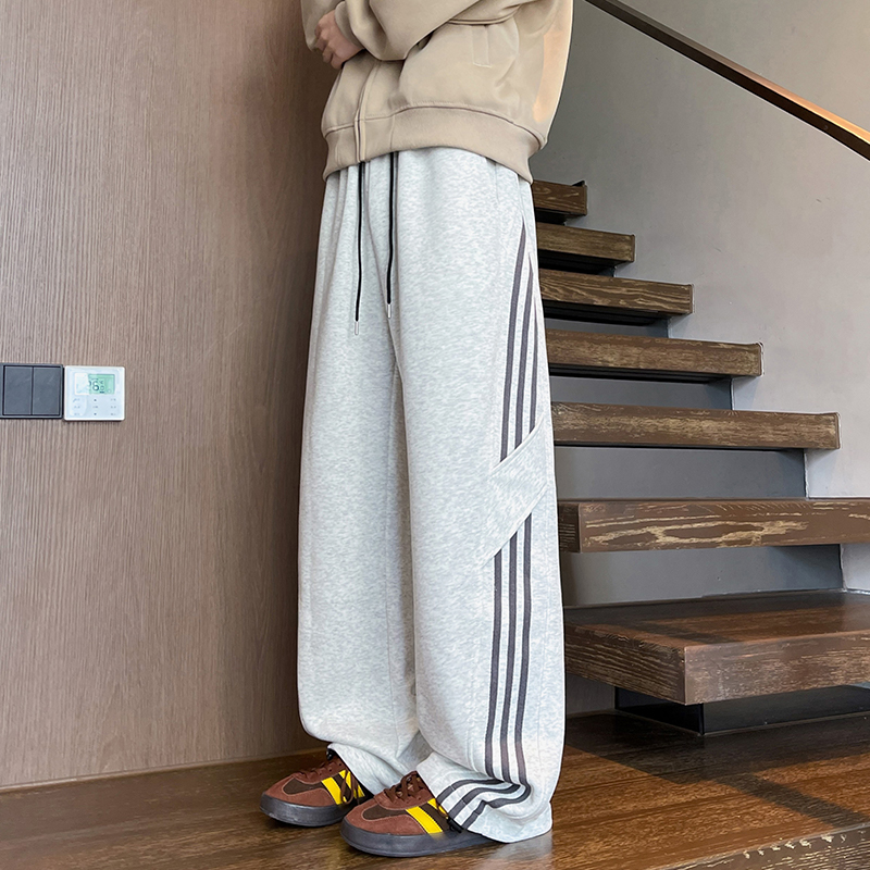 条纹卫裤男款潮牌美式休闲男生裤子春秋季港风宽松阔腿直筒运动裤