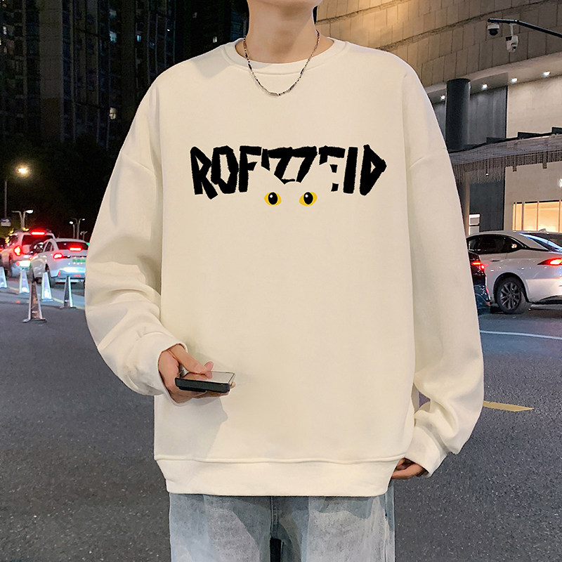 美式加绒重磅圆领卫衣男款秋冬季宽松无帽长袖内搭t恤男生衣服潮