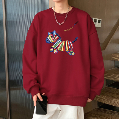 美式重磅圆领卫衣男秋冬oversize内搭打底衫上衣男生休闲无帽外套