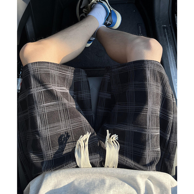 短裤男夏季新款复古宽松运动休闲裤美式大码潮牌格子直筒五分裤子