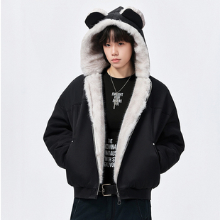 冬季鹿皮绒座山雕连帽猫耳朵外套美式加厚男女情侣装棉服港风潮牌