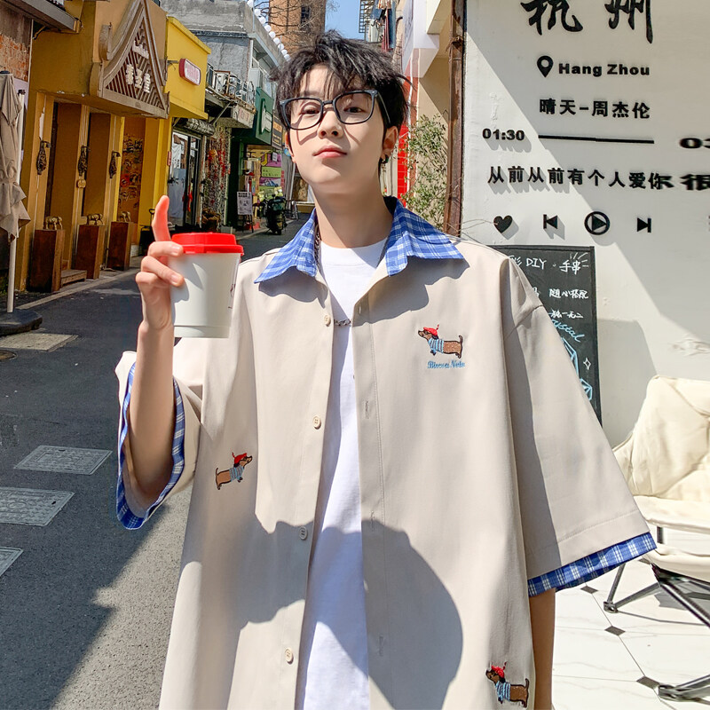 假两件拼接休闲短袖衬衫男夏季新款格子潮牌美式外套大码宽松衬衣