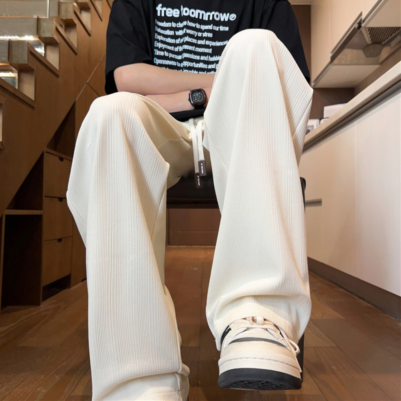 裤子男夏季新款冰丝薄款运动宽松休闲裤青少年大码直筒裤阔腿长裤