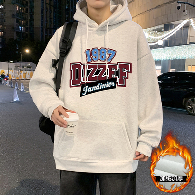 秋冬季潮牌美式字母印花加绒加厚连帽卫衣男港风休闲重磅高街衣服