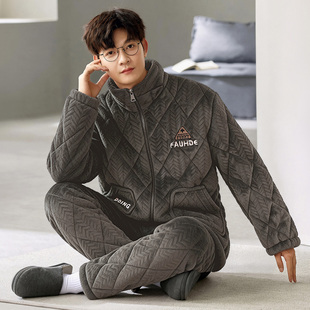 男士睡衣冬季珊瑚绒三层夹棉加厚加绒男款青少年2025年新款家居服