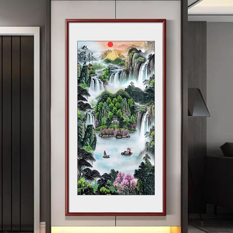 聚宝盆山水画挂画进门玄关画竖版八方来财装饰走廊过道壁画办公室