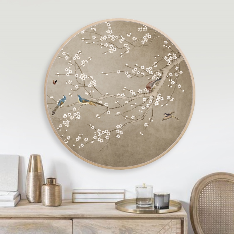 圆形装饰画定制挂画来图定做实木相框照片喷绘油布打印新中式定做图片