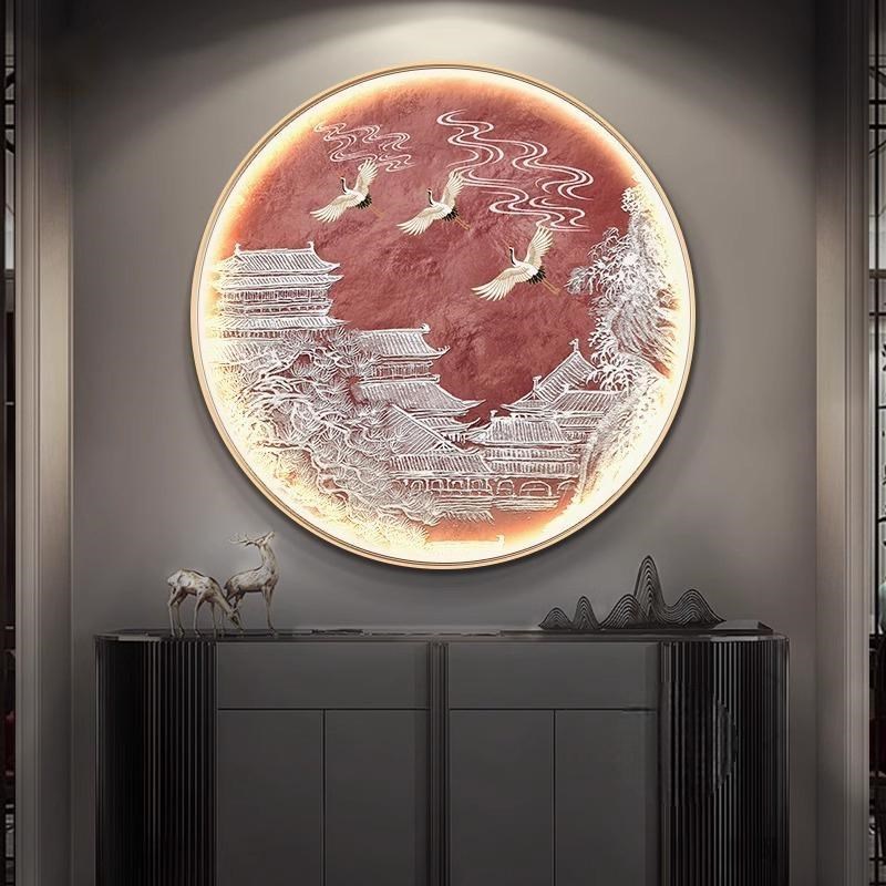 寓意好玄关装饰画新中式入户正对门壁画客厅餐厅圆形发光led灯画