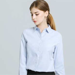 2021新款女装职业防皱时尚OL商务兰白粉色条纹百搭短长袖衬衫显瘦