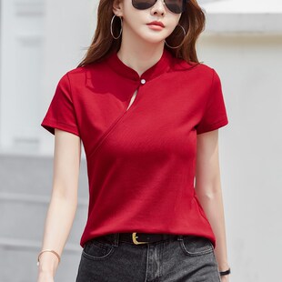 新中式盘扣立领短袖t恤女2025夏季新款复古旗袍式纯棉小衫上衣女
