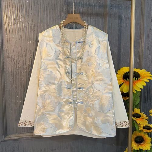 胖MM加肥圆领盘扣花朵国风马甲大码女装花朵袖口长袖复古风打底衫