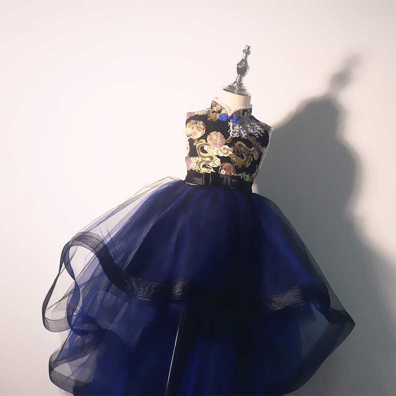 女童旗袍礼服钢琴演出服走秀前短后长花童婚纱蓬蓬纱主持人公主裙