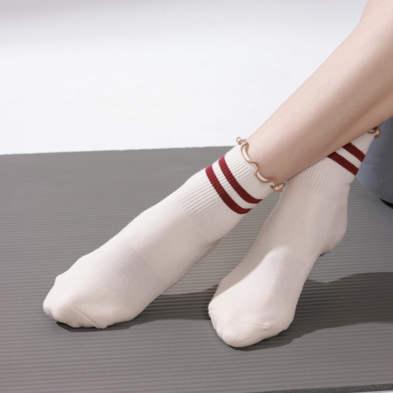 SIXHYS专业瑜伽袜普拉提袜防滑袜运动健身两条杠纯棉女款中筒袜