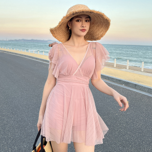 泡温泉泳衣女冬天保守2023新款 高级感微胖女孩遮肉带钢圈连体裙式