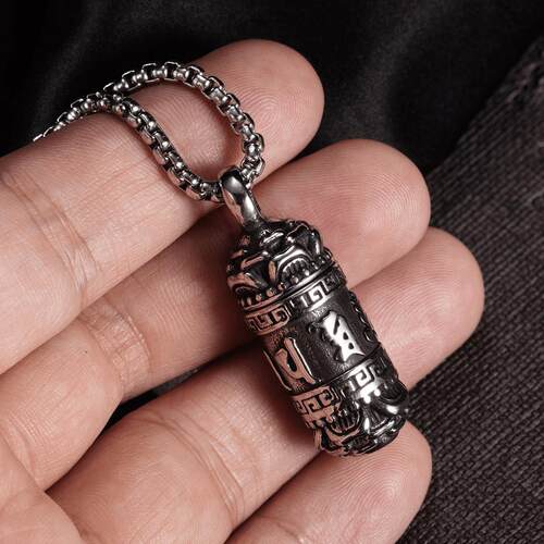 Rock Punk 中国风时尚个性复古六字真言图腾圆柱吊坠项链挂坠百搭