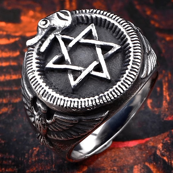 ROCK PUNK霸气男士时尚复古六芒星钛钢戒指 潮男朋克蛇骨个性指环