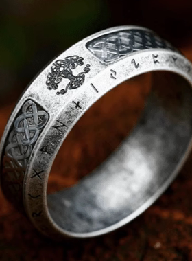 ROCK PUNK北欧维京字母时尚简约戒指欧美做旧情侣复古生命树指环