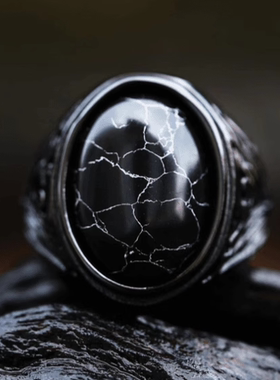 ROCK PUNK潮牌朋克风黑松石钛钢戒指男士高档霸气时尚单身饰品