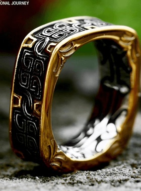ROCK PUNK时尚凯尔特间金钛钢戒指 雕刻个性简约男士高级感食指环
