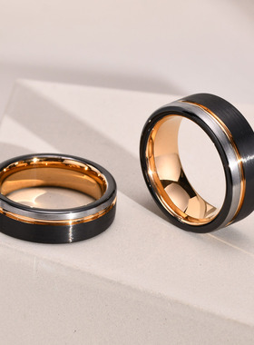 新品 钨钢戒指6mm 8mm黑间玫凹槽男士食指指环 泉溪水饰品TCR-101