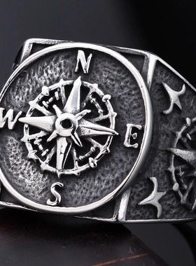 ROCK PUNK宽版时尚复古维京航海十字架指南针男士高级感潮人戒指