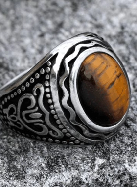 ROCK PUNK复古新款镶虎眼石戒指欧美复古钛钢男士个性创意食指环