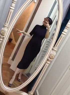 【翁先森的店】中袖长袖单穿打底显瘦黑色亲肤羊毛过膝高领毛衣裙