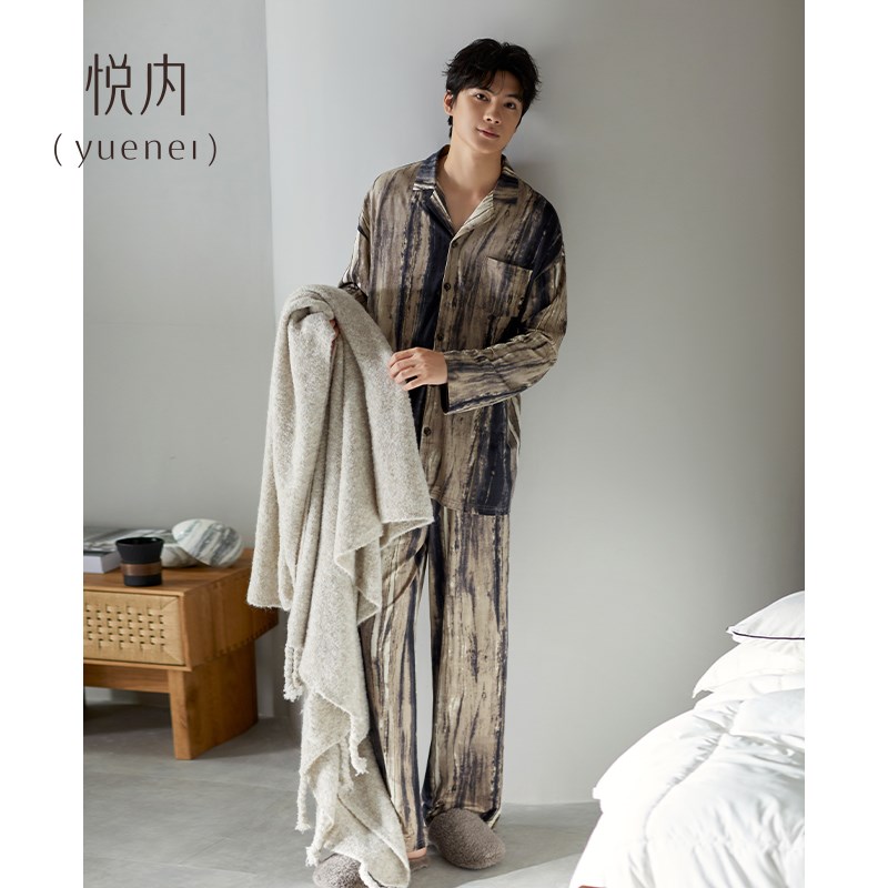 悦内老钱风做旧复古睡衣男士春秋款秋季长袖纯棉家居服男款可外穿