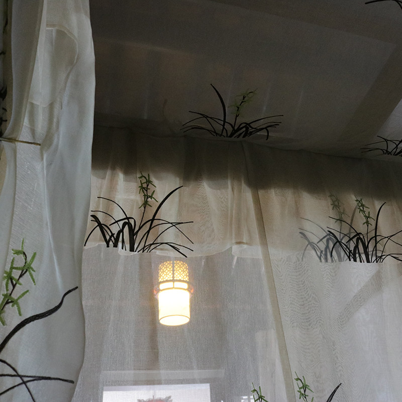 博帏中式蚊帐古典风格双月洞拔步架子床浅咖水墨兰花绣花整体床幔