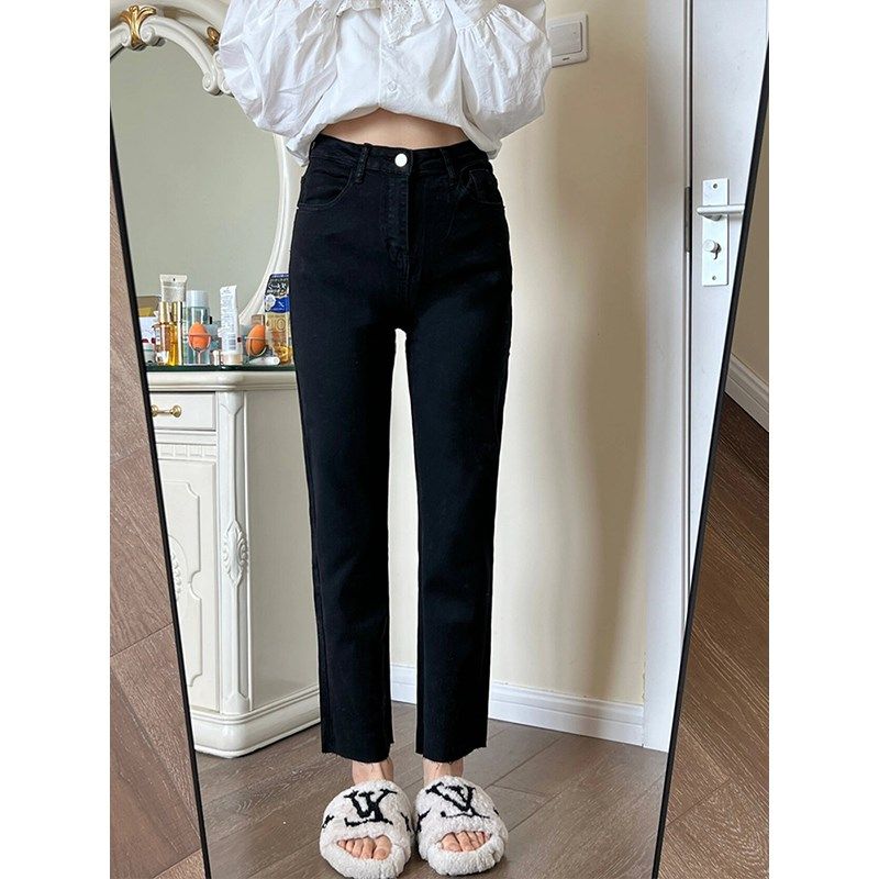 胖mm黑色直筒牛仔裤女大码女装胖妹妹小个子毛边显瘦九分烟管裤子