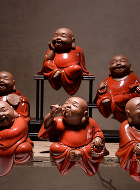 中式红色禅意陶瓷手工艺品 招财弥勒笑佛佛像 客厅博古架装饰摆设