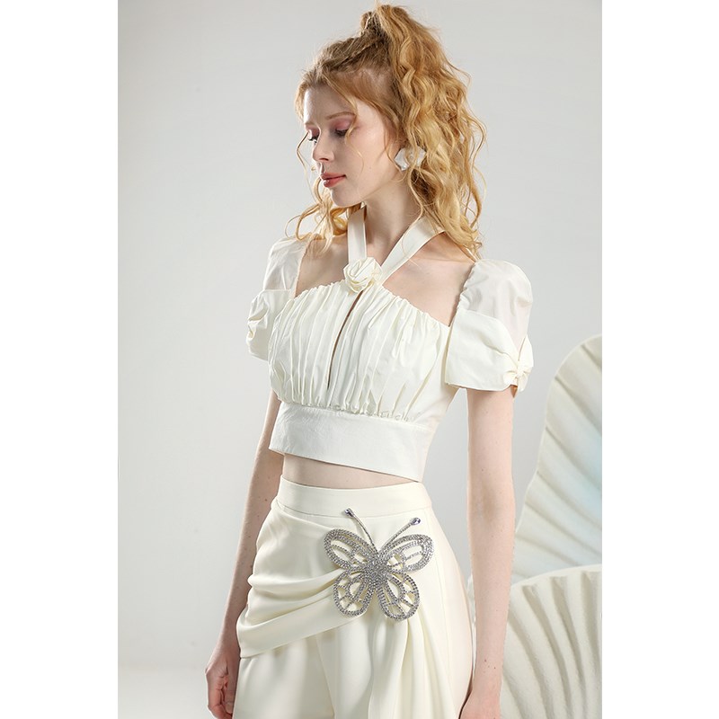 茬客轻熟气质白色套装25年夏季新款修身挂脖上衣高腰显瘦长裤女装