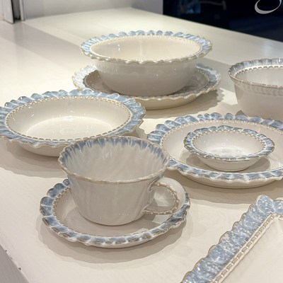 高级感!烟蓝色花边餐具系列套装牛排早餐盘西餐盘子甜品水果盘子