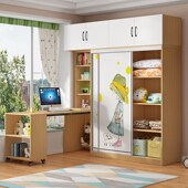 儿童房小卧室衣柜带学习桌可折叠书桌书架组合实木推拉门一体转角