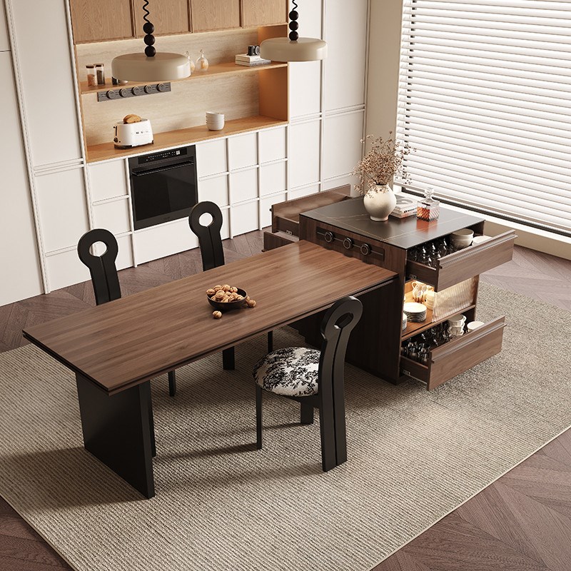 中古风岛台餐桌一体家用可伸缩小户型岩板中岛台厨房吧台储物柜