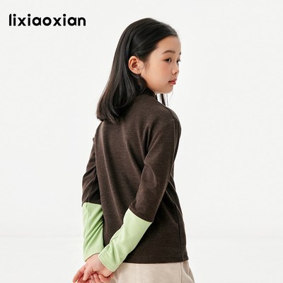 梨小闲女童双面德绒内搭T恤中大童冬款半高领撞色袖口打底衫