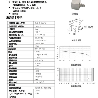 压电式加速度感测器 电荷/IaEPE 三向 机械振动 土木桥梁 微振