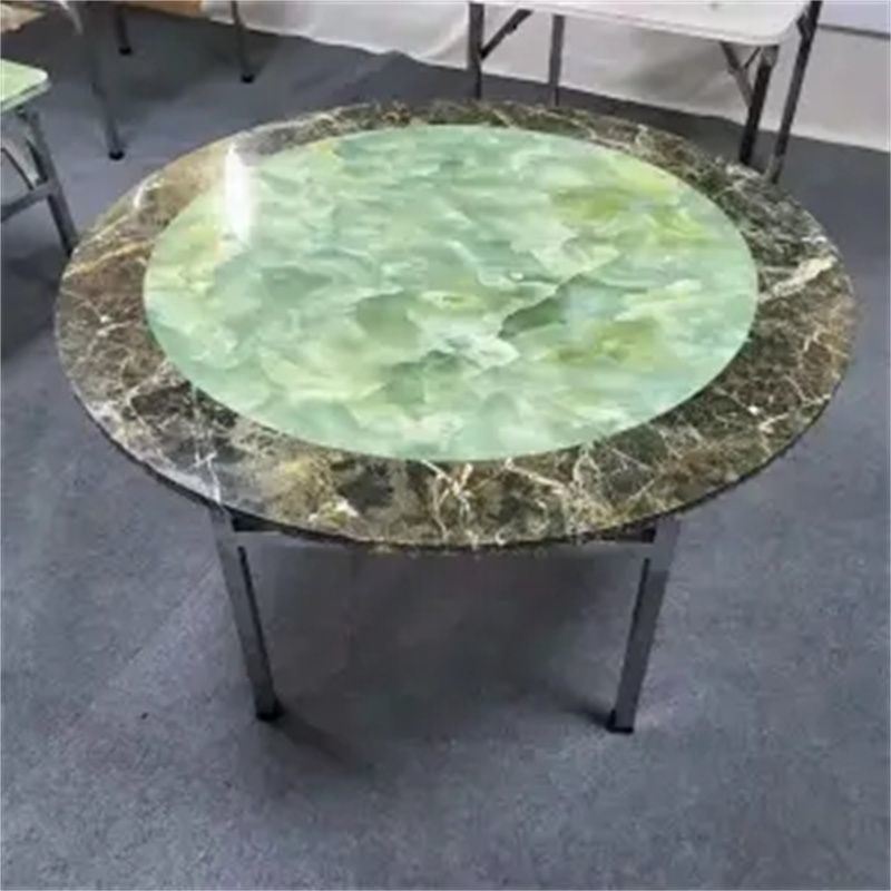 特厚彩色不锈钢桌子带转盘彩色图案款免安装连身圆餐桌客厅家用出