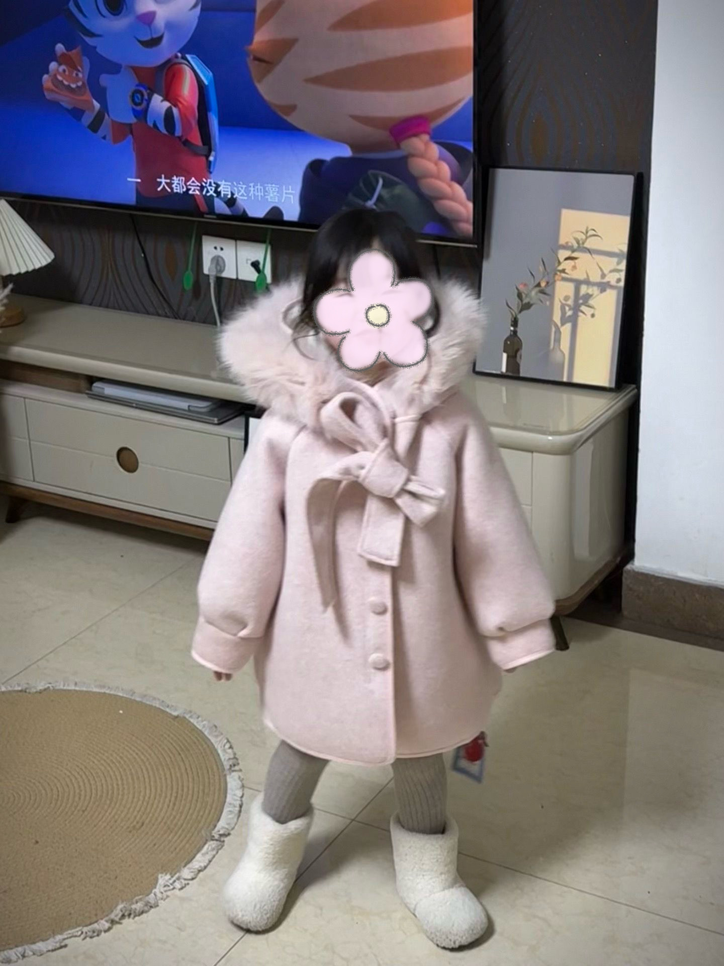 少女心甜美大衣女童新款2026秋冬季毛领蝴蝶结年货大衣百搭粉色