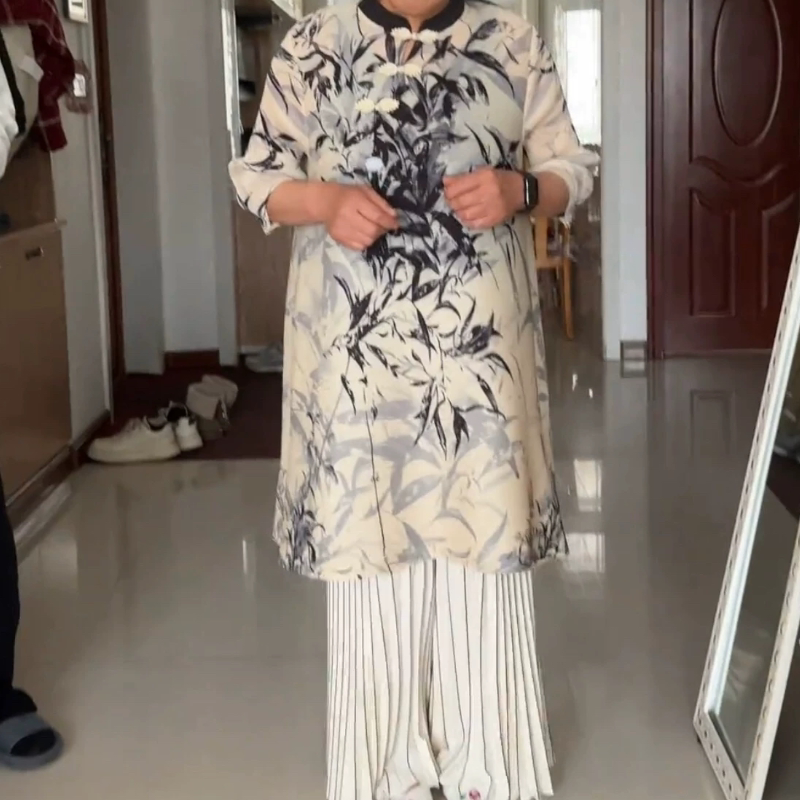 高端气质褶皱复古印花连衣裙新款秋季妈妈装宽松遮肚中式改良旗袍