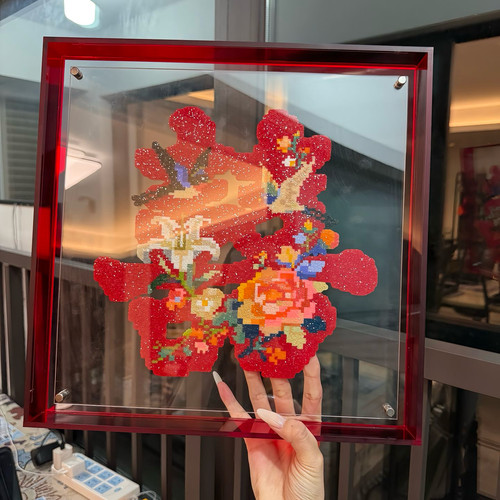 结婚送闺蜜喜庆摆件自制喜字拼豆diy成品婚庆用品红色花朵