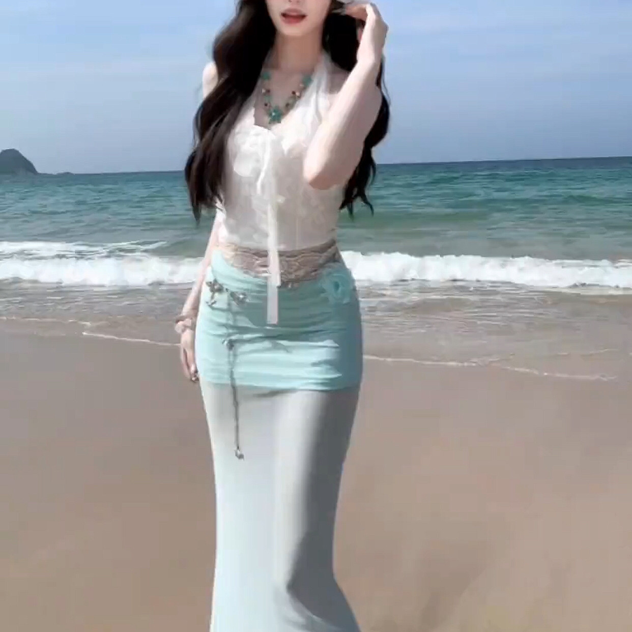 纯欲风蕾丝拼接网纱半身裙女夏季新款海边度假风修身包臀长裙子