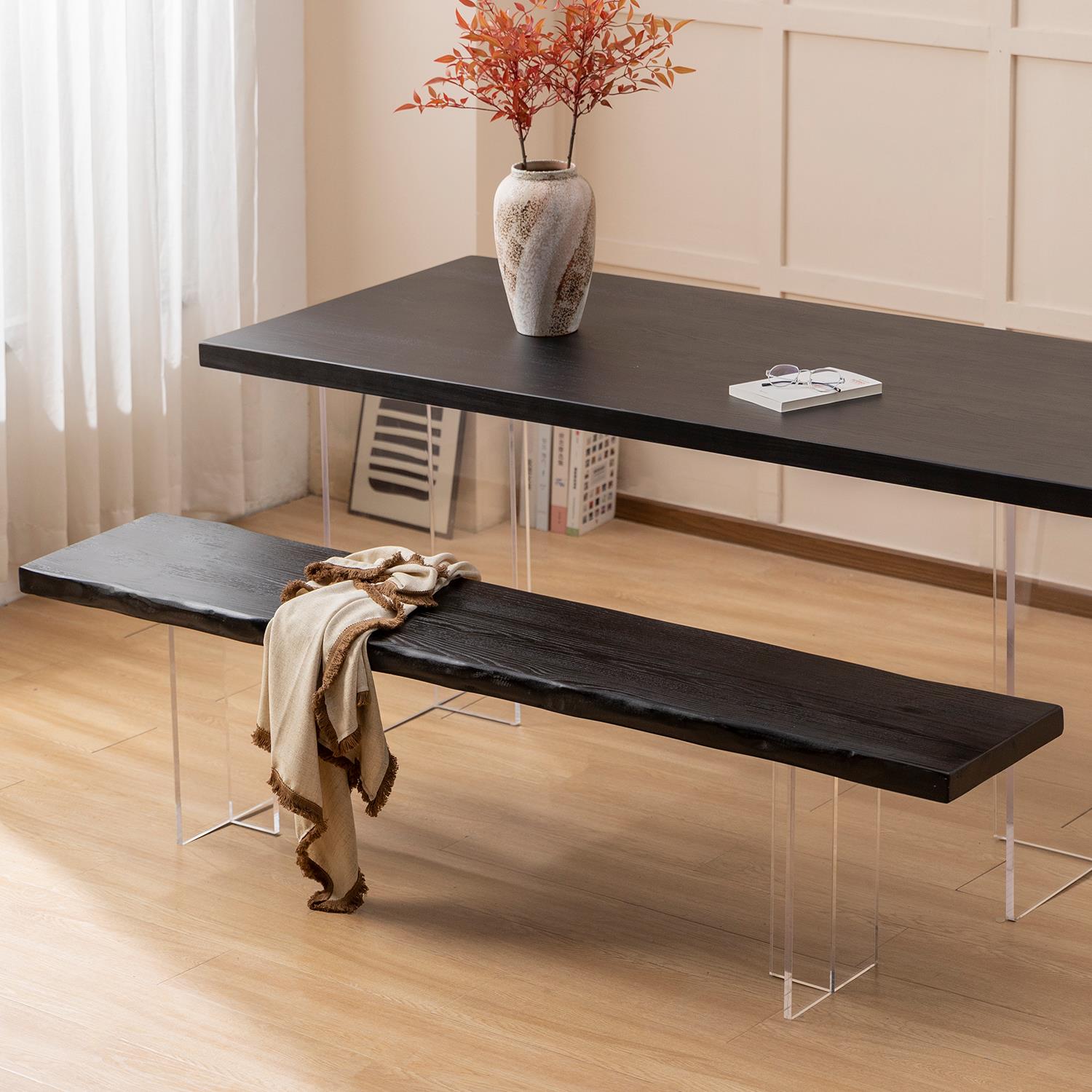 侘寂风亚克力悬浮实木长凳家用床尾凳创意换鞋凳简约餐凳长条板凳