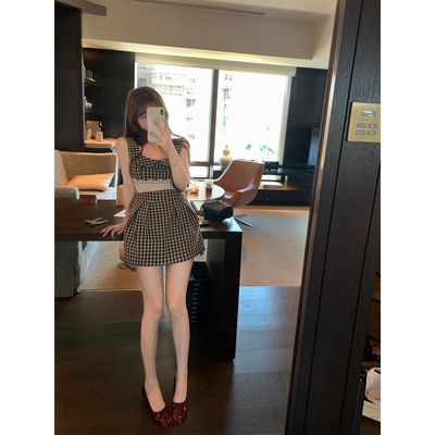 Lukira昭和miu系 法式娃娃领复古格子连衣裙U领女夏收腰蕾丝短裙