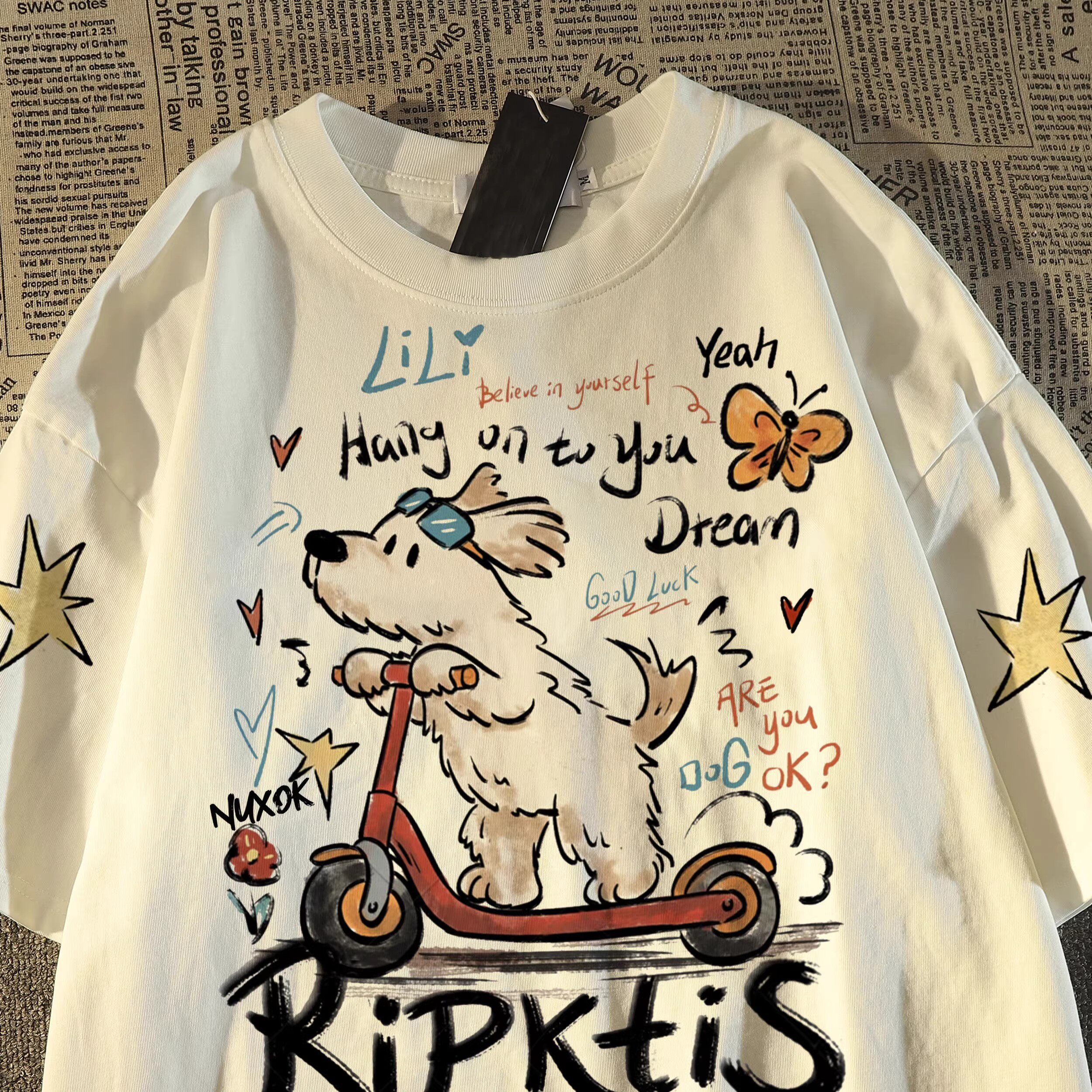 限时冲量~清仓捡漏日系古着卡通插画情侣男女短袖T恤衫慵懒风设计 - 实物图