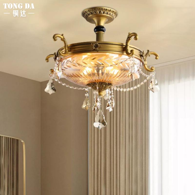 欧式主卧室全铜水晶吸顶灯美式复古别墅客厅餐厅吊灯法式古铜灯具