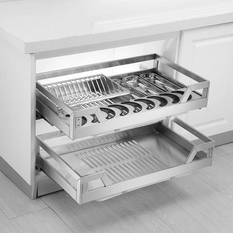 厂家橱柜拉篮304不锈钢拉篮双层厨房碗碟篮抽屉式阻尼轨厨柜碗架